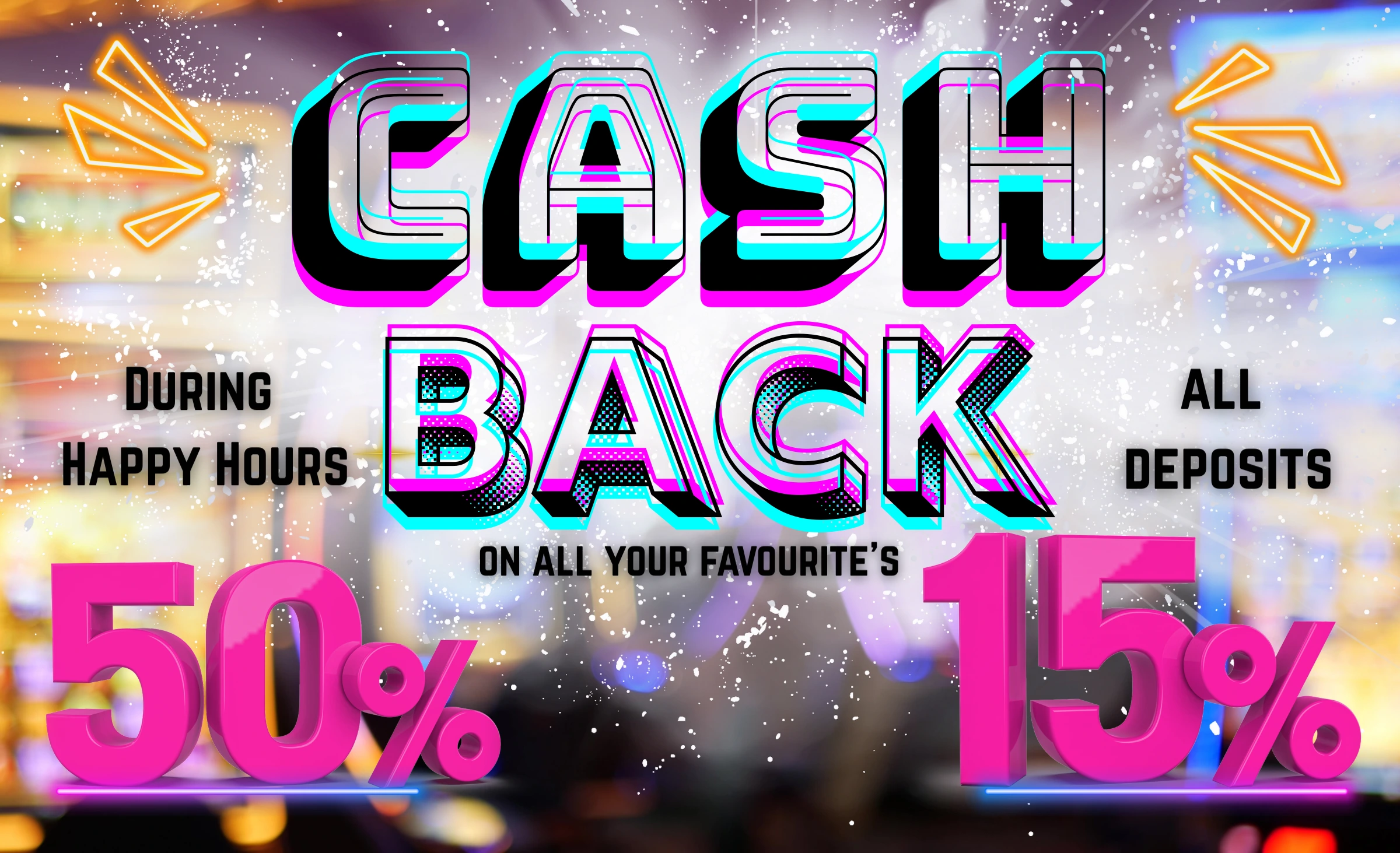 Cash Back Promotion - 50% During Happy Hours + 15% All Deposits